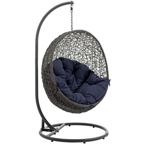 Modway Hide Wicker Rattan Outdoor Patio Porch Lounge Egg Swing Chair Set with Stand in Gray Navy For Sale