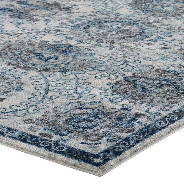 Modway Entourage Kensie Distressed Vintage Floral Moroccan Trellis Area Rug, 5x8, Ivory and Blue Sale - Image 3