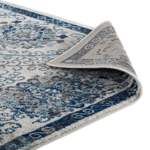 Modway Entourage Kensie Distressed Vintage Floral Moroccan Trellis Area Rug, 5x8, Ivory and Blue Sale - Image 4