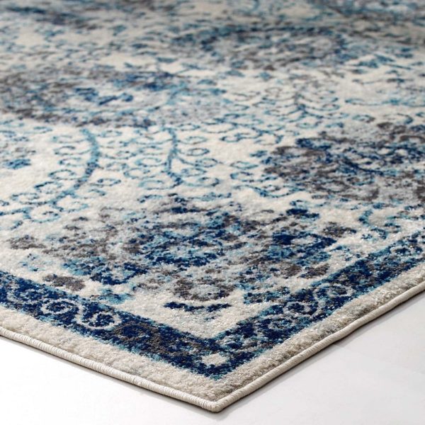 Modway Entourage Kensie Distressed Vintage Floral Moroccan Trellis Area Rug, 5x8, Ivory and Blue Sale - Image 5