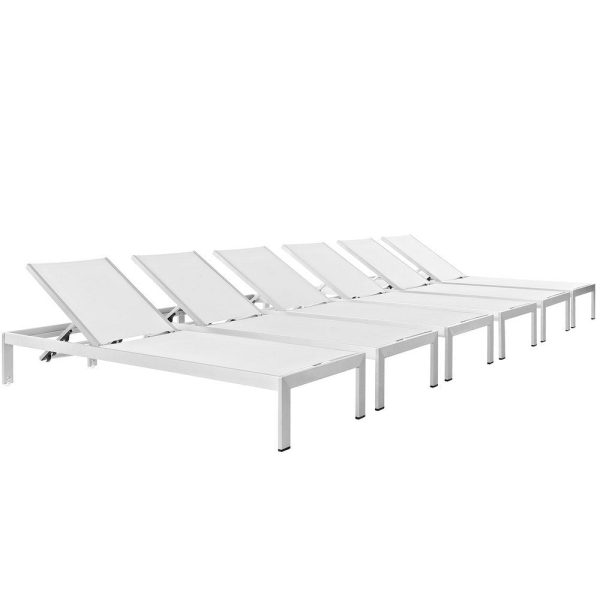Modway Shore Aluminum Textilene® Mesh Outdoor Patio Six Poolside Chaise Lounge Chairs in Silver White on Sale