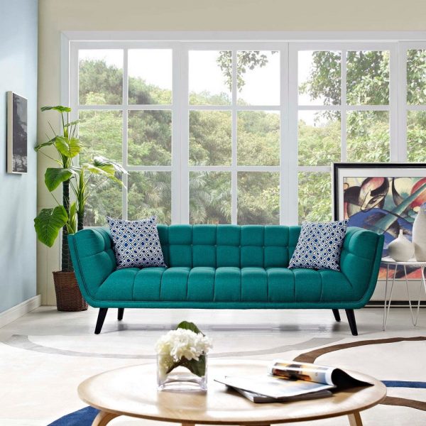 Modway Bestow Upholstered Fabric Button-Tufted Sofa In Teal on Sale - Image 4